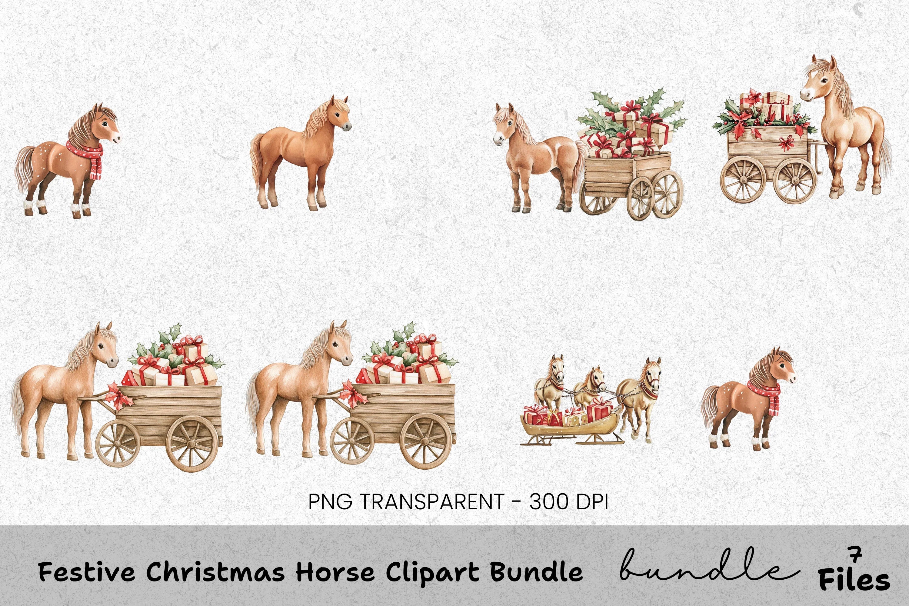 Christmas Horse Cart with Gifts Clipart Bundle