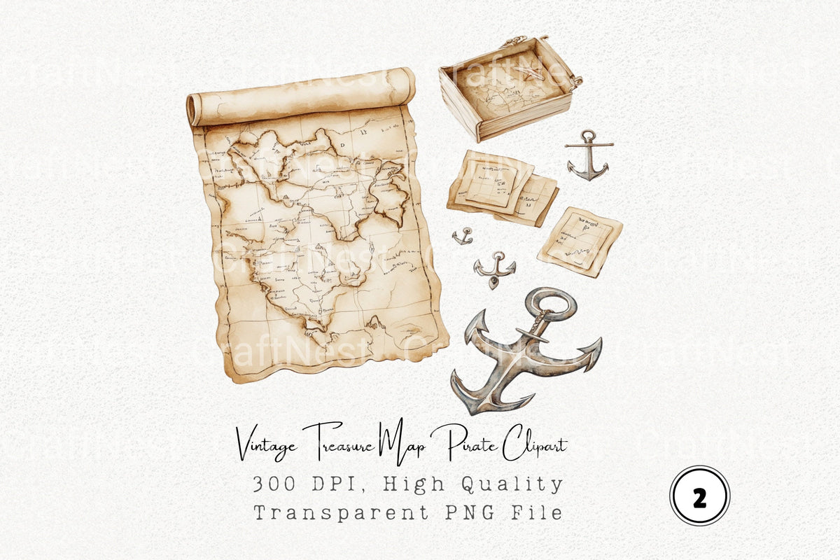Vintage Treasure Map Pirate Clipart Bundle
