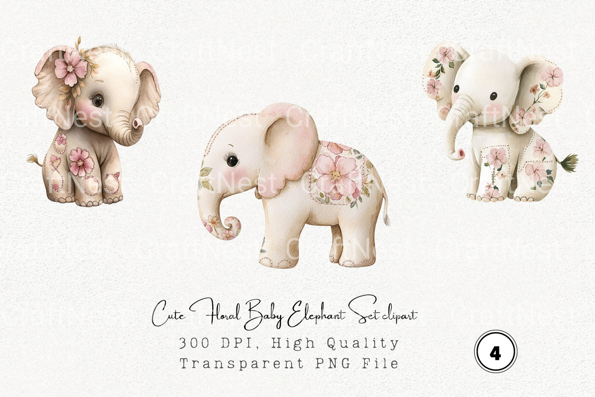 Cute Floral Baby Elephant Clipart Bundle