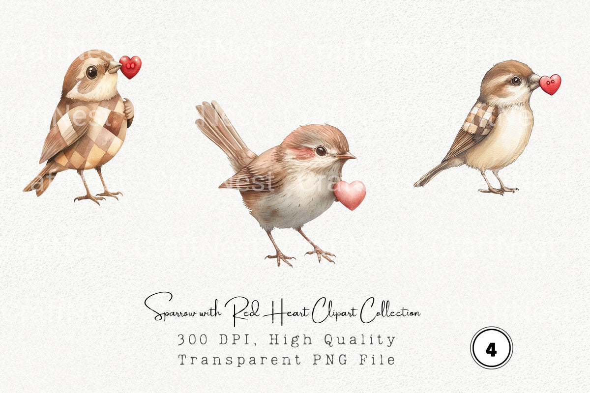 Sparrow With Red Heart Clipart Bundle