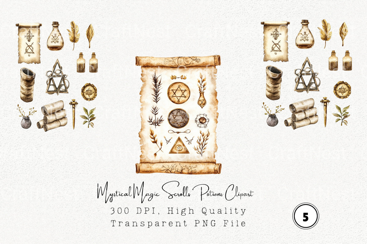 Mystical Magic Scrolls Potions Clipart Bundle