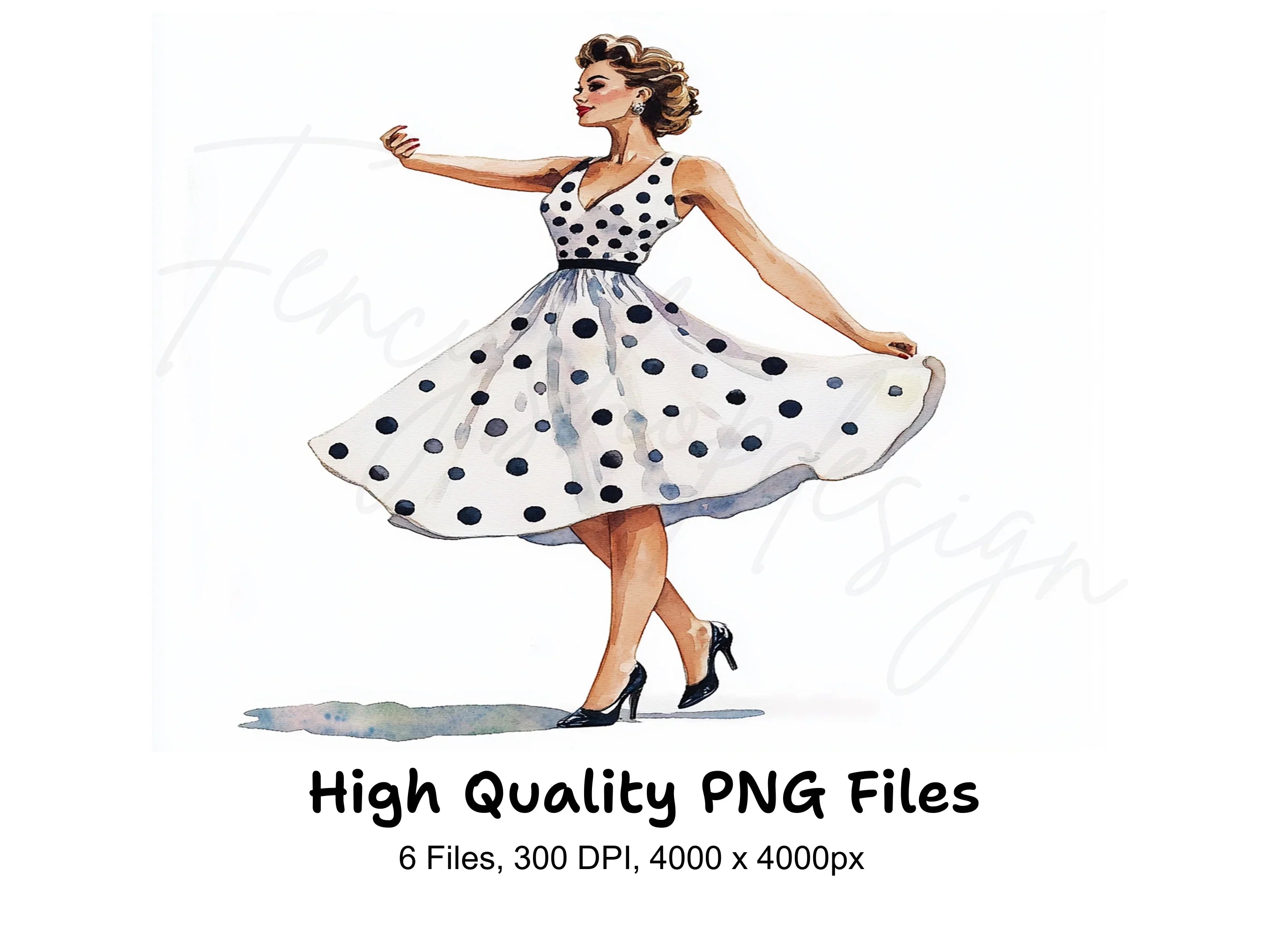 Retro 50s Polka Dot Dress Woman Clipart Bundle