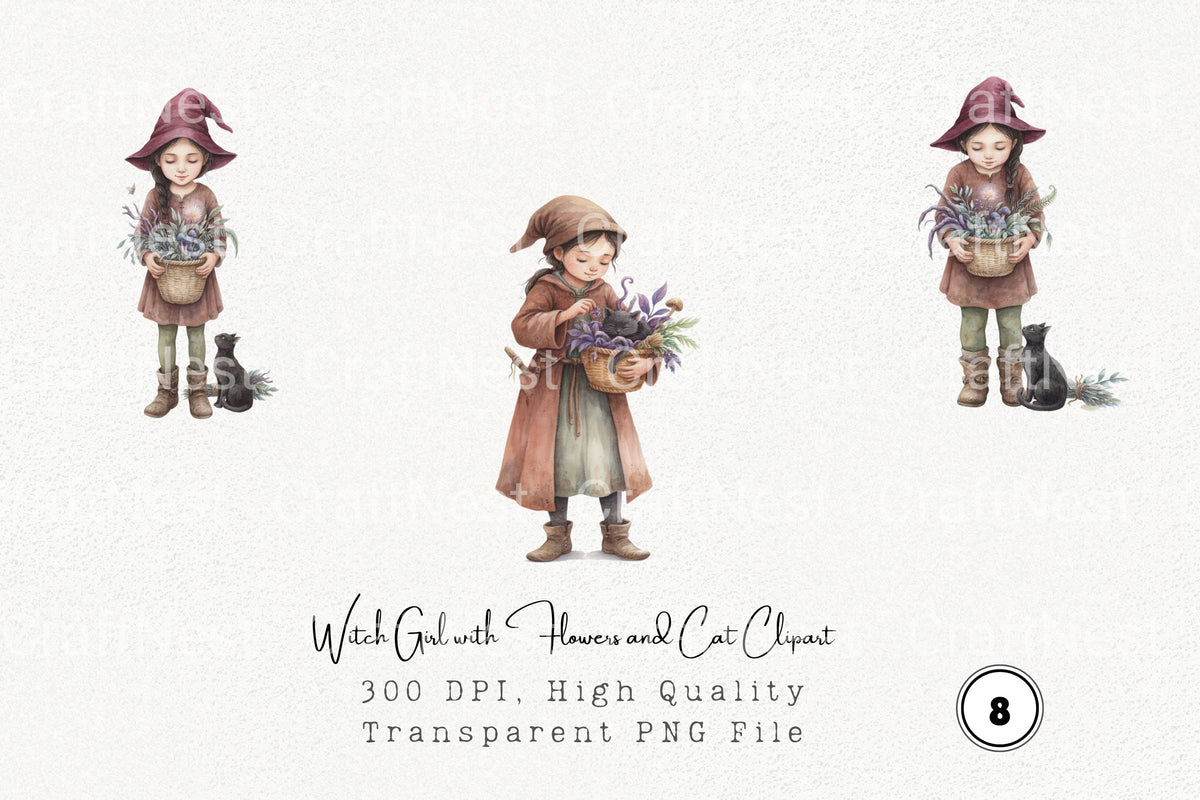 Witch Girl With Flowers And Cat Clipart Bundle