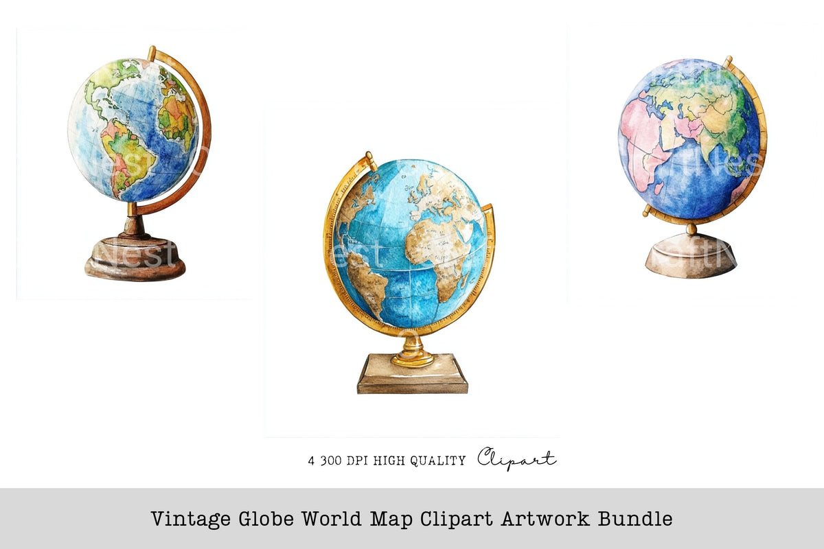 Vintage Globe World Map Artwork Clipart Bundle