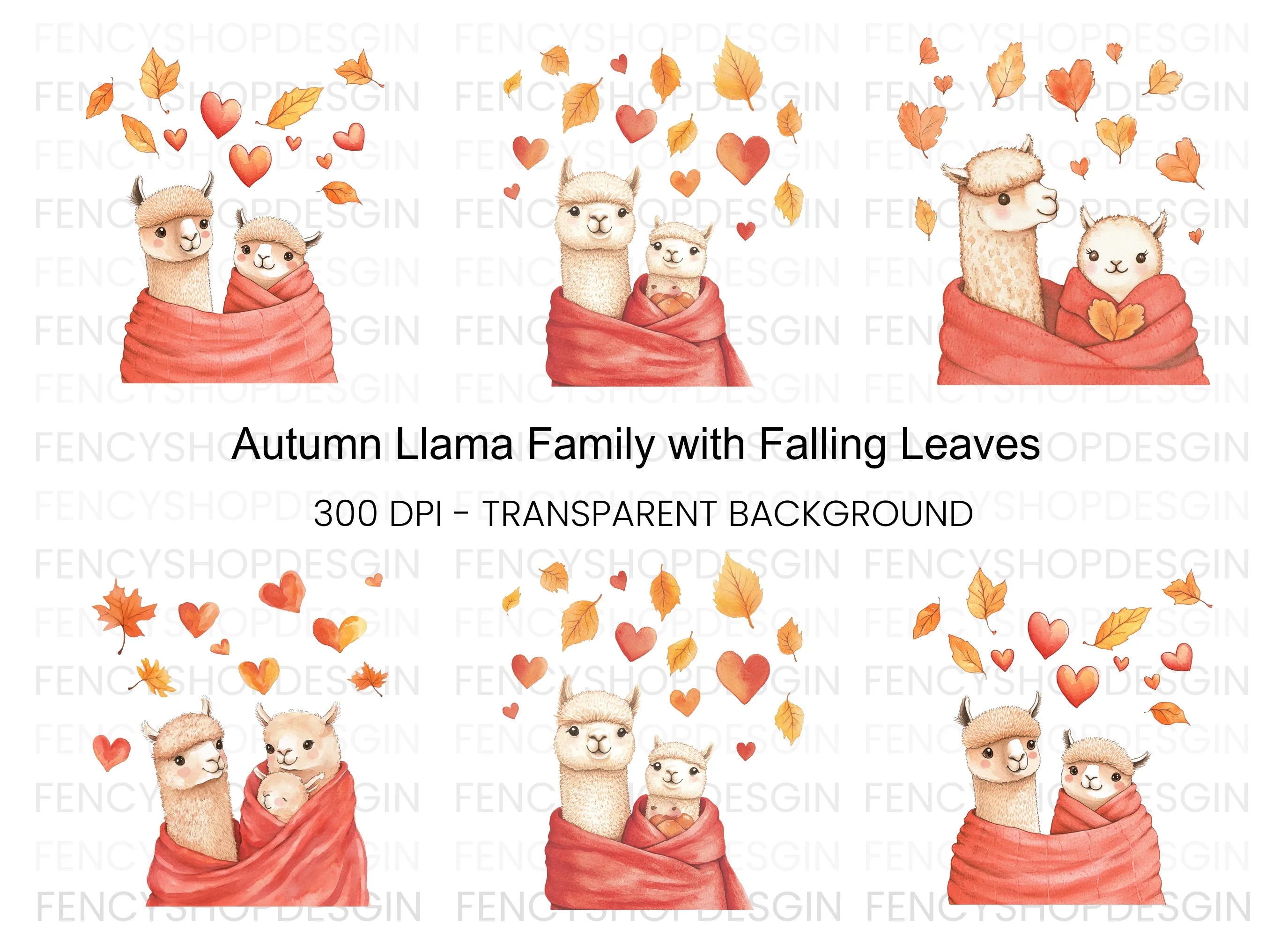Alpaca Family Autumn Love Clipart Bundle