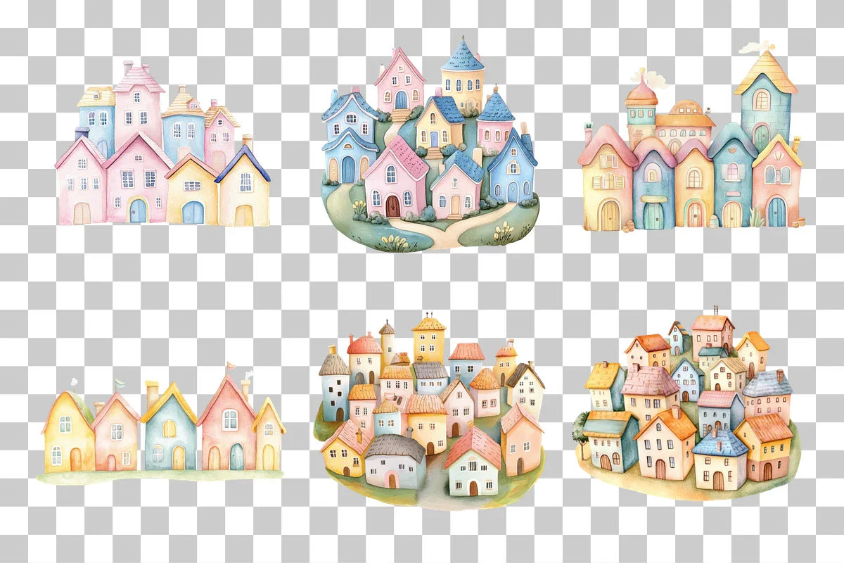 Whimsical Colorful Village Clipart Bundle - CraftNest - Digital Crafting and Art
