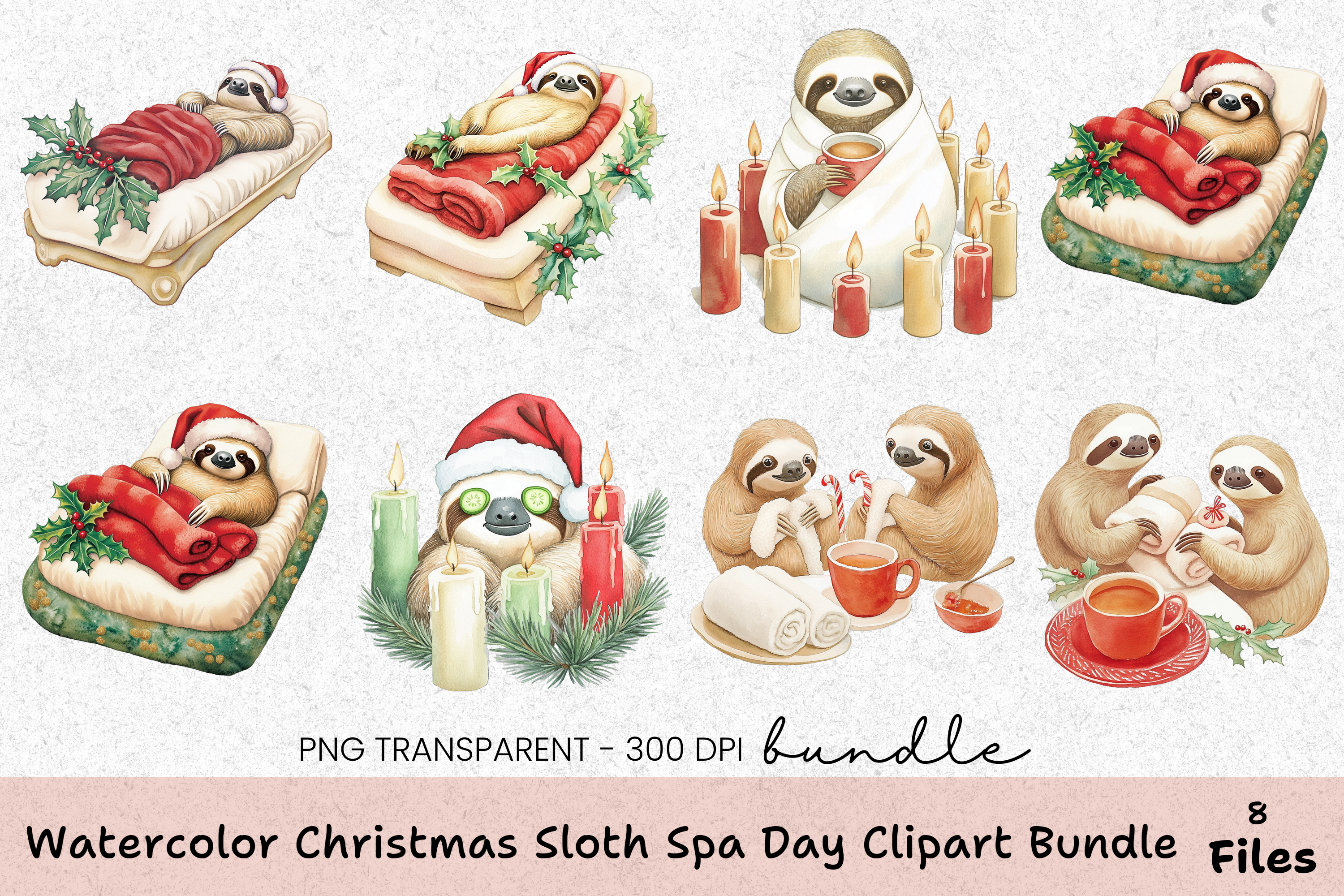 Christmas Sloth Spa Day Clipart Bundle