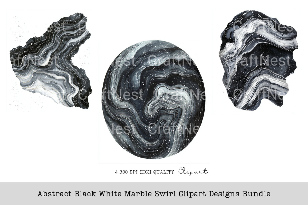 Abstract Black White Marble Swirl Designs Clipart Bundle
