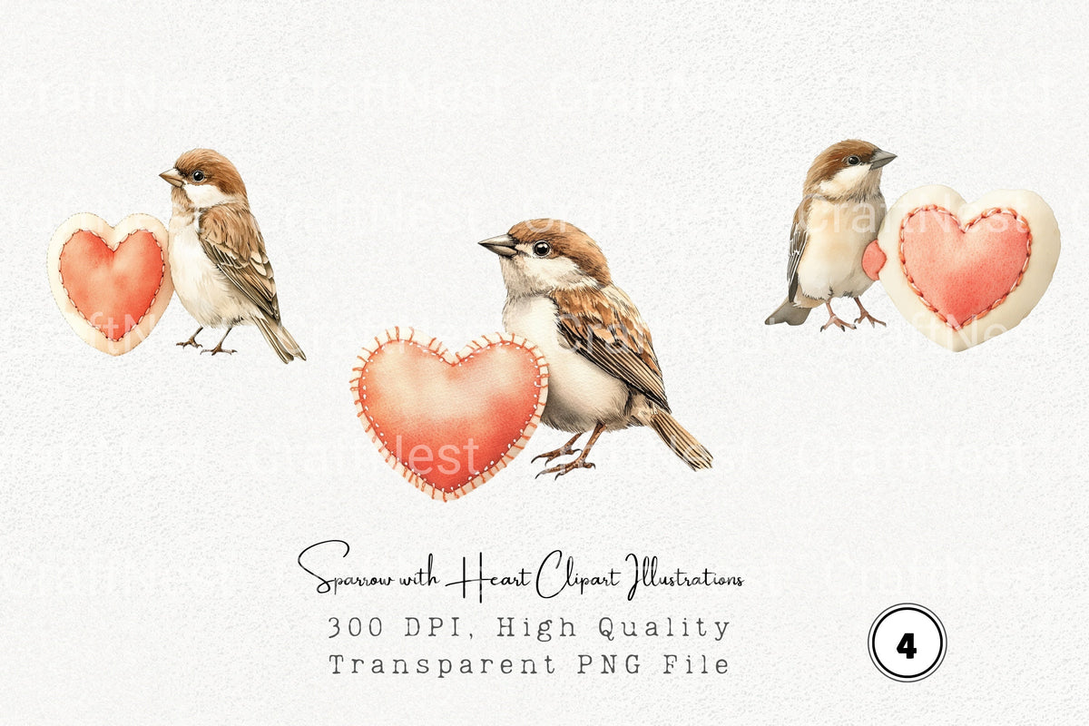 Sparrow With Heart Illustrations Clipart Bundle
