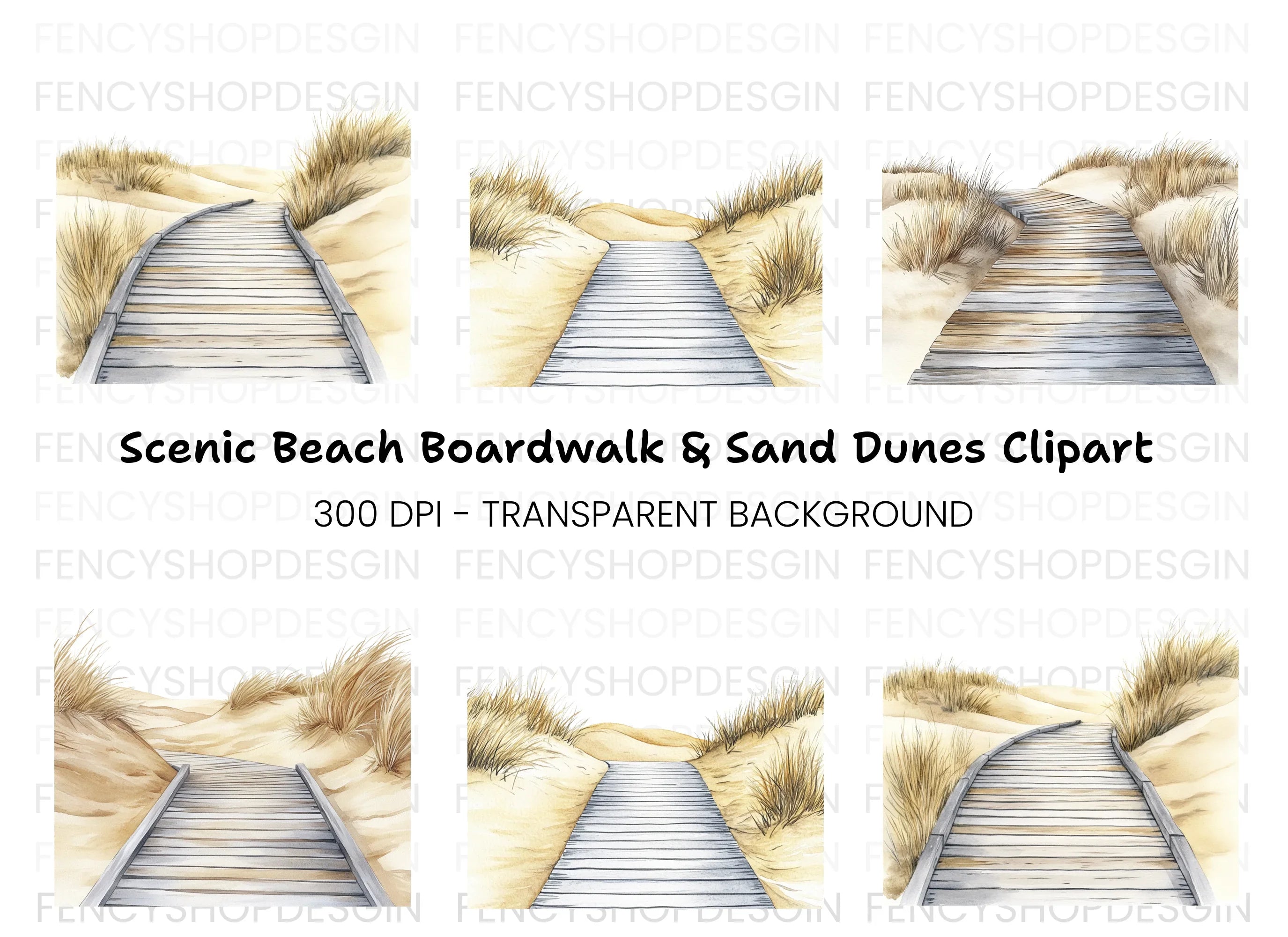 Beach Boardwalk and Sand Dunes Clipart Bundle