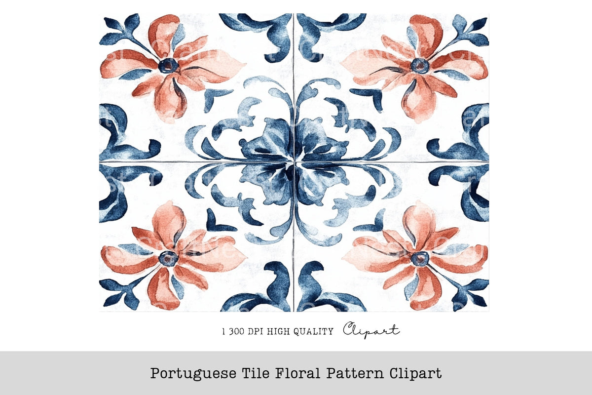 Portuguese Tile Floral Pattern Clipart Bundle