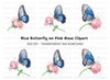 Blue Butterfly Pink Rose Clipart Bundle