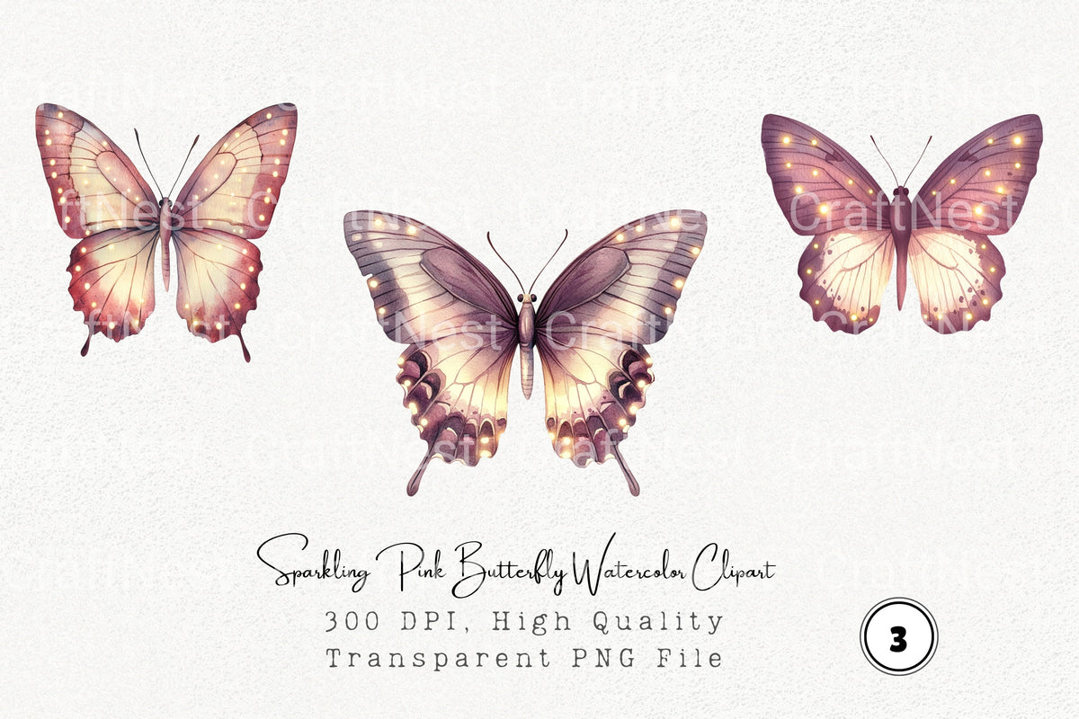 Sparkling Pink Butterfly Clipart Bundle