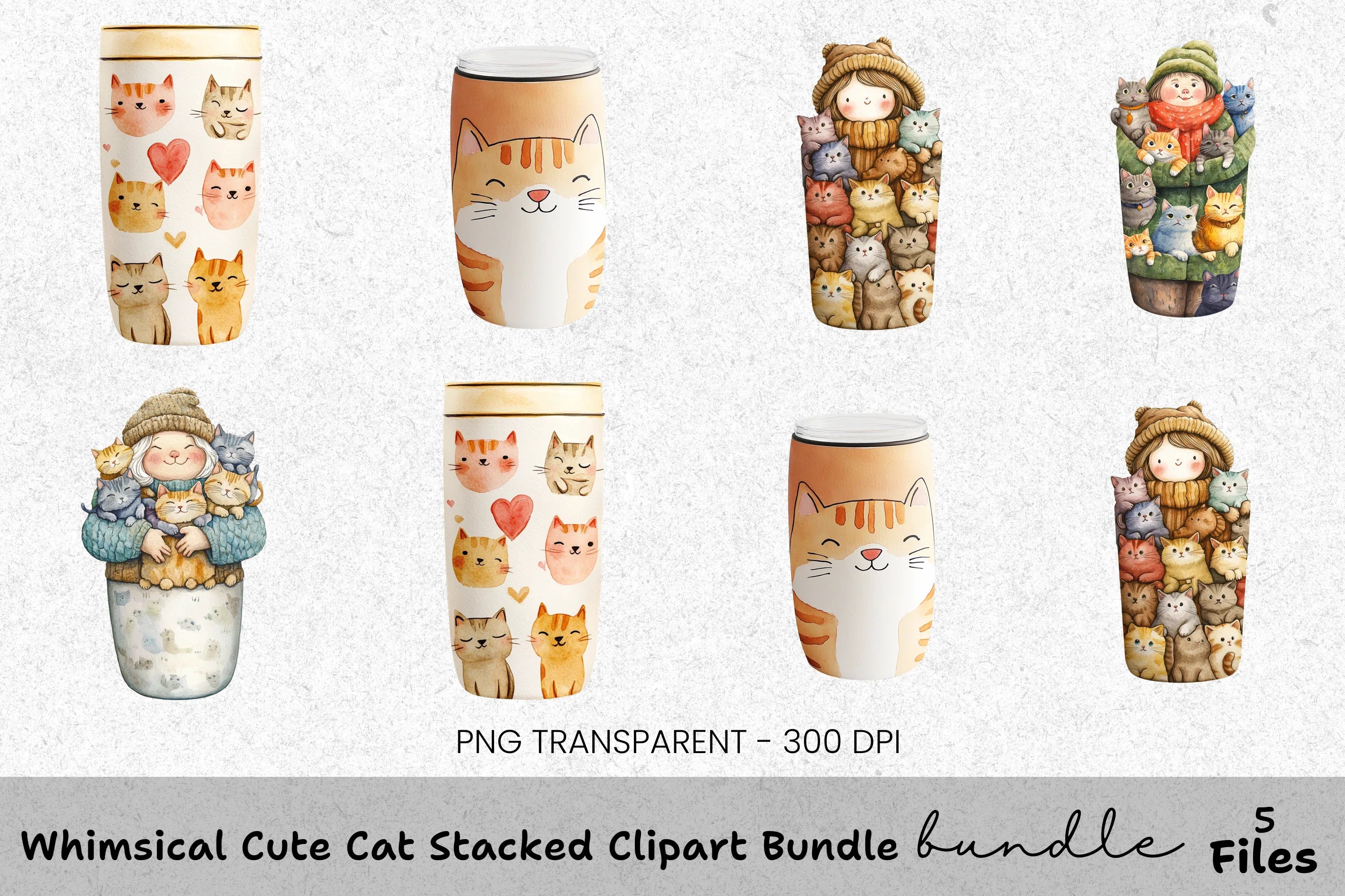 Whimsical Cute Cat Stacked Clipart Bundle