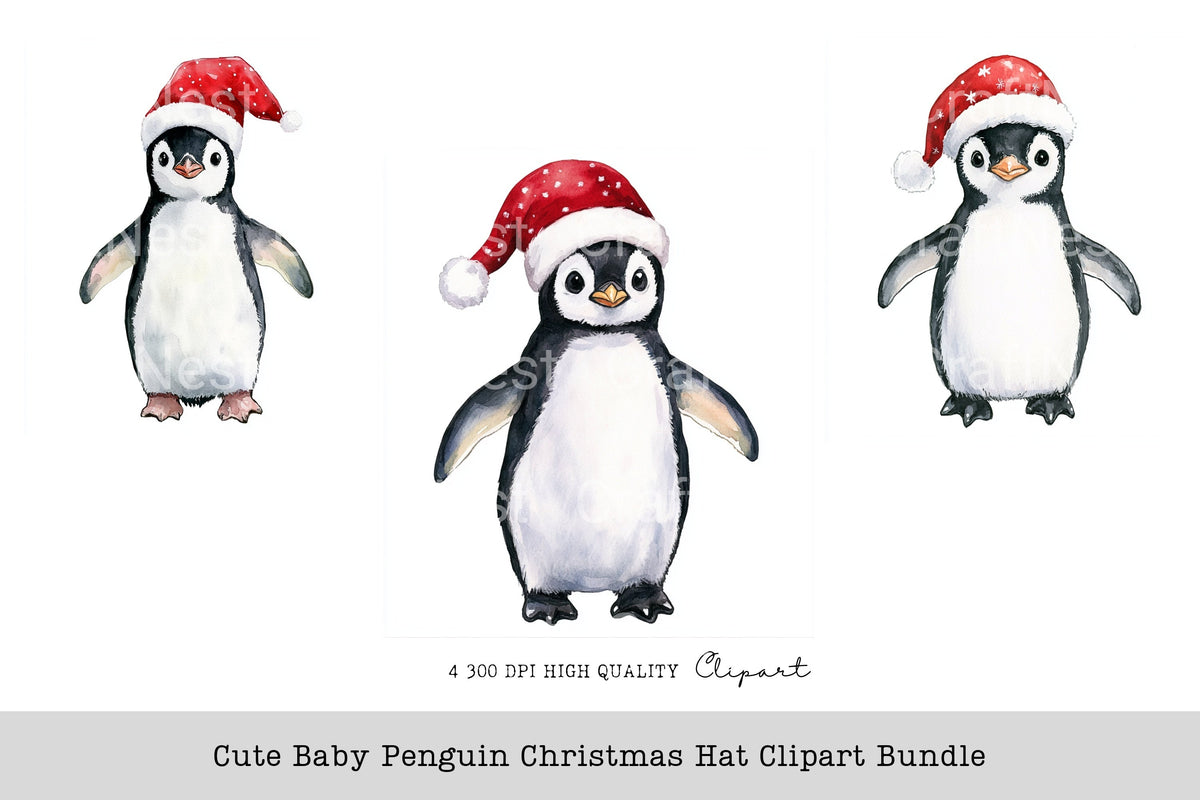 Cute Baby Penguin Christmas Hat Clipart Bundle