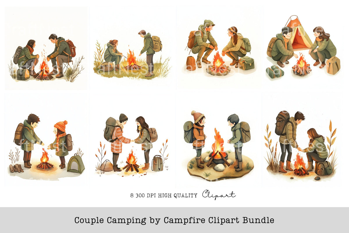 Couple Camping By Campfire Clipart Bundle