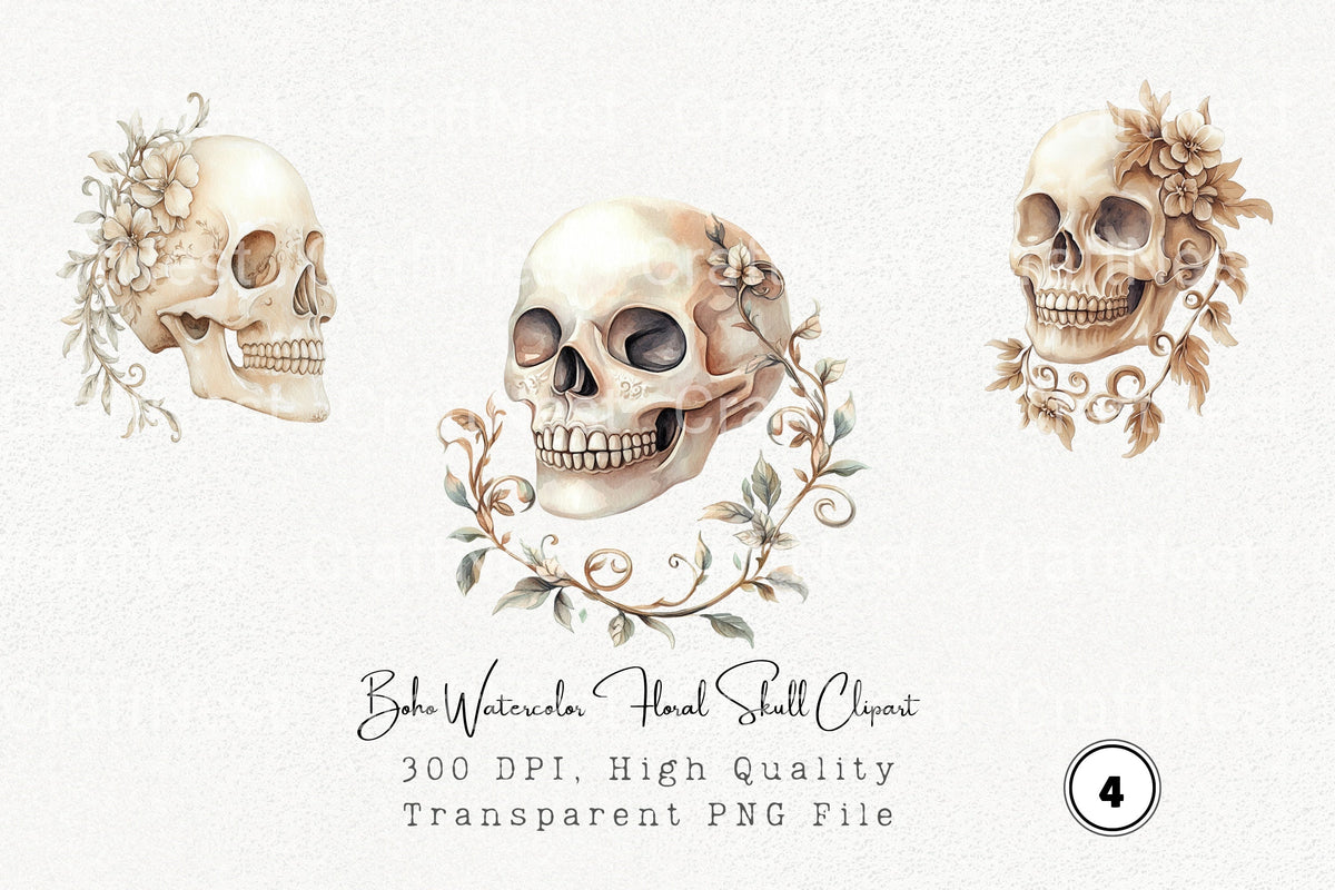 Boho Floral Skull Clipart Bundle