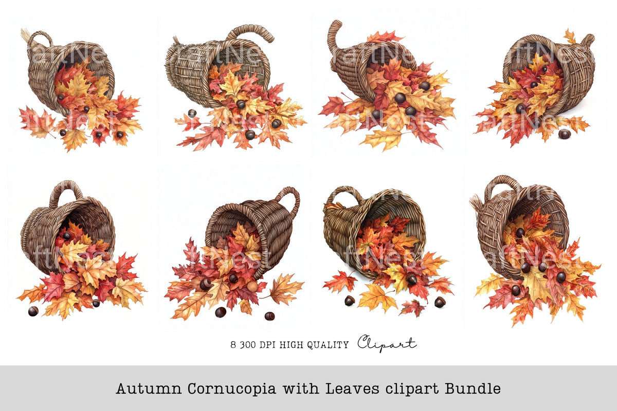 Autumn Cornucopia With Leaves Clipart Bundle