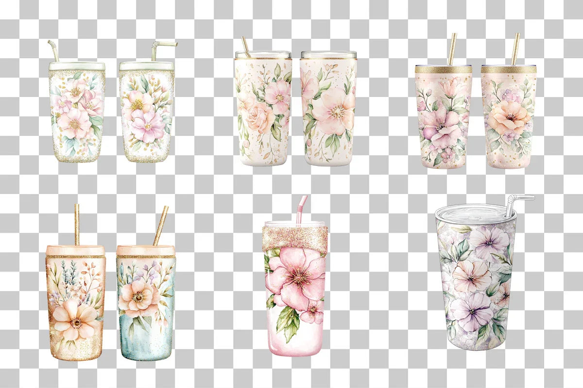 Floral Glitter Tumbler Wrap Designs Bundle - CraftNest - Digital Crafting and Art