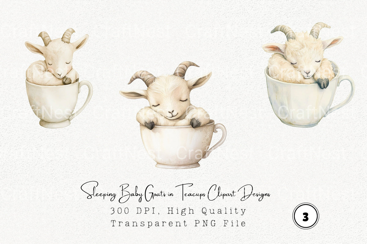 Sleeping Baby Goats In Teacups Designs Clipart Bundle