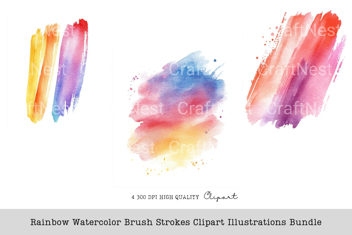 Rainbow Brush Strokes Illustrations Clipart Bundle