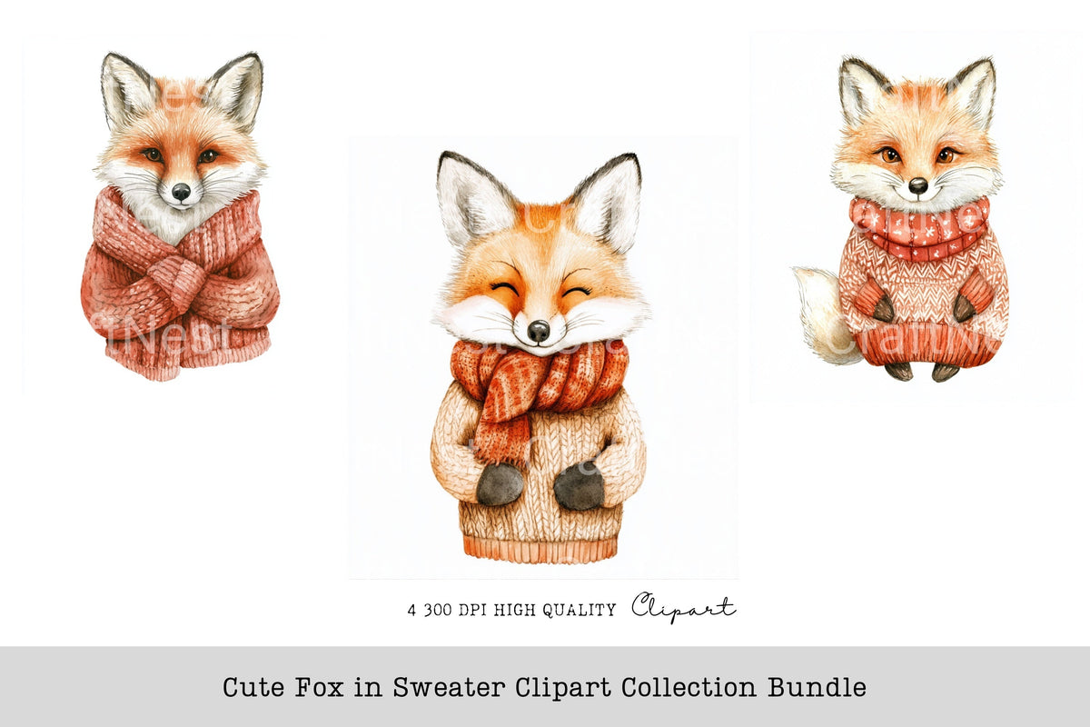 Cute Fox In Sweater Clipart Bundle