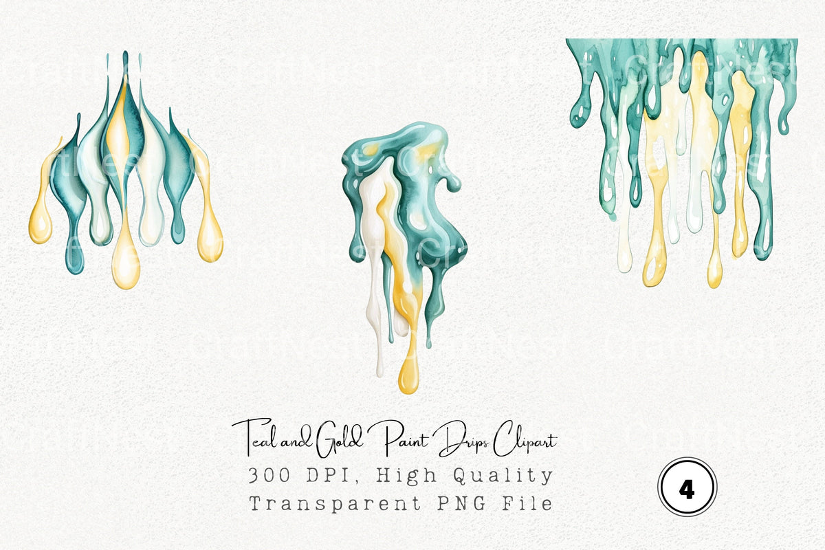 Teal And Gold Paint Drips Clipart Bundle