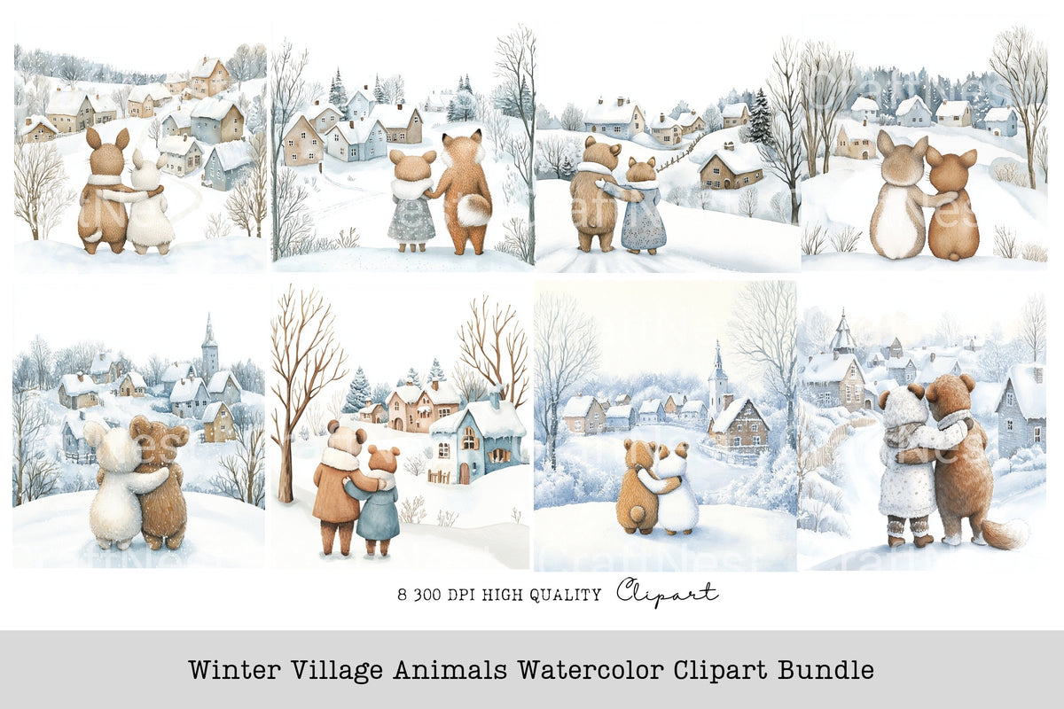 Winter Village Animals Clipart Bundle