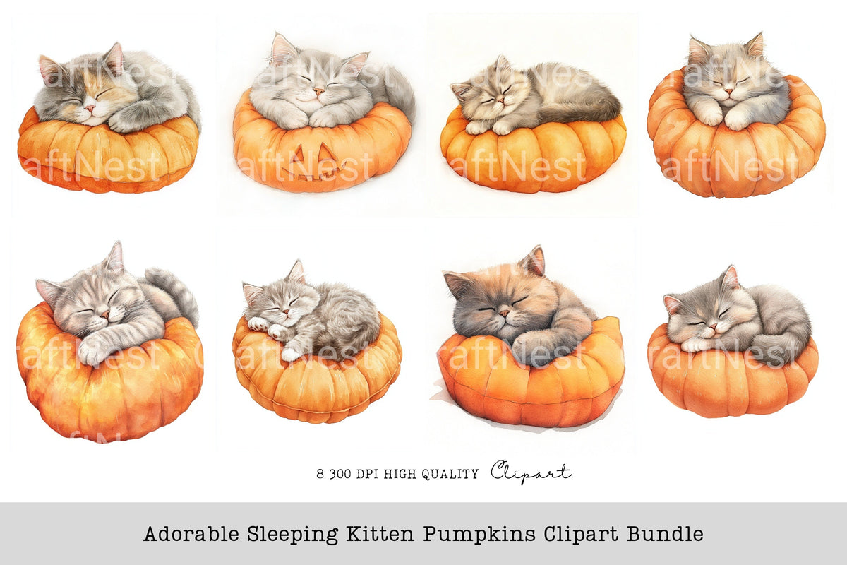 Adorable Sleeping Kitten Pumpkins Clipart Bundle