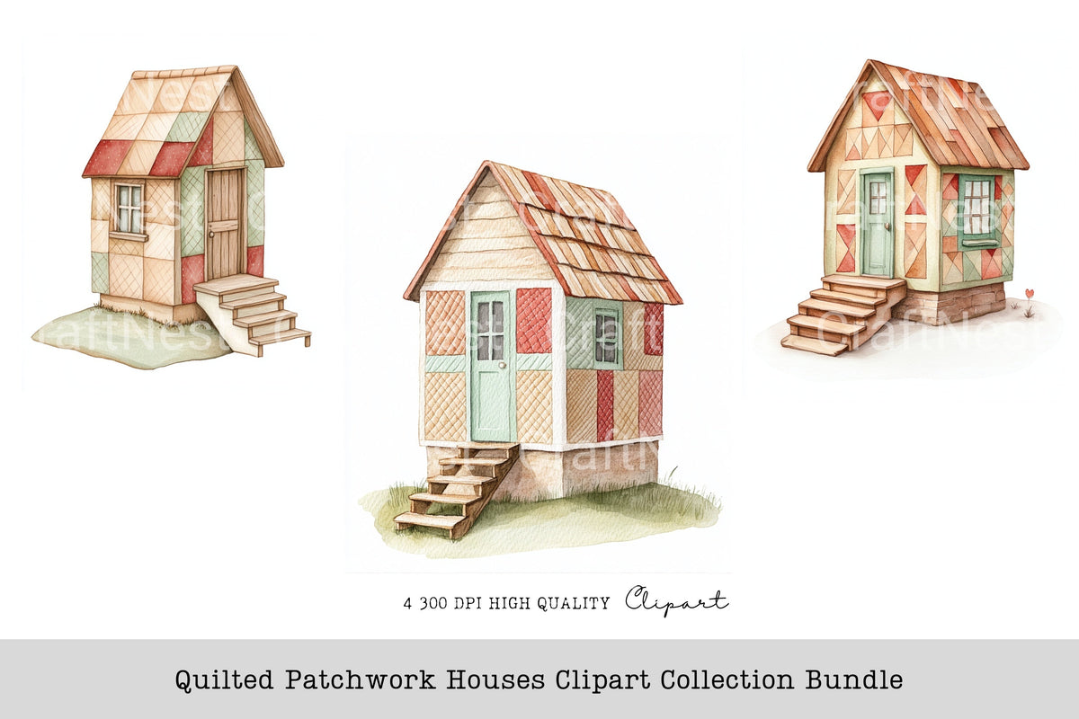 Quilted Patchwork Houses Clipart Bundle
