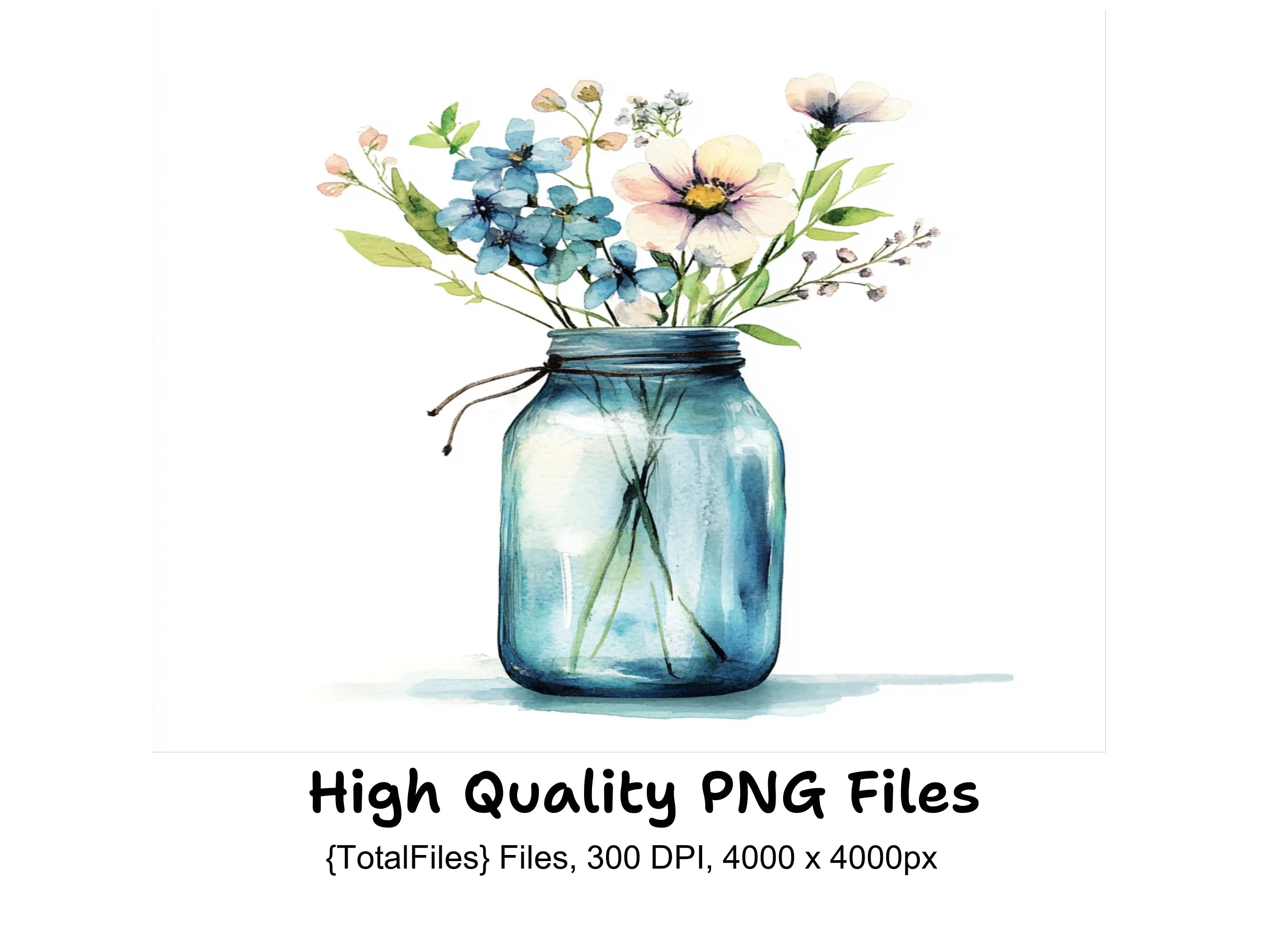 Blue and White Floral Mason Jar Clipart Bundle