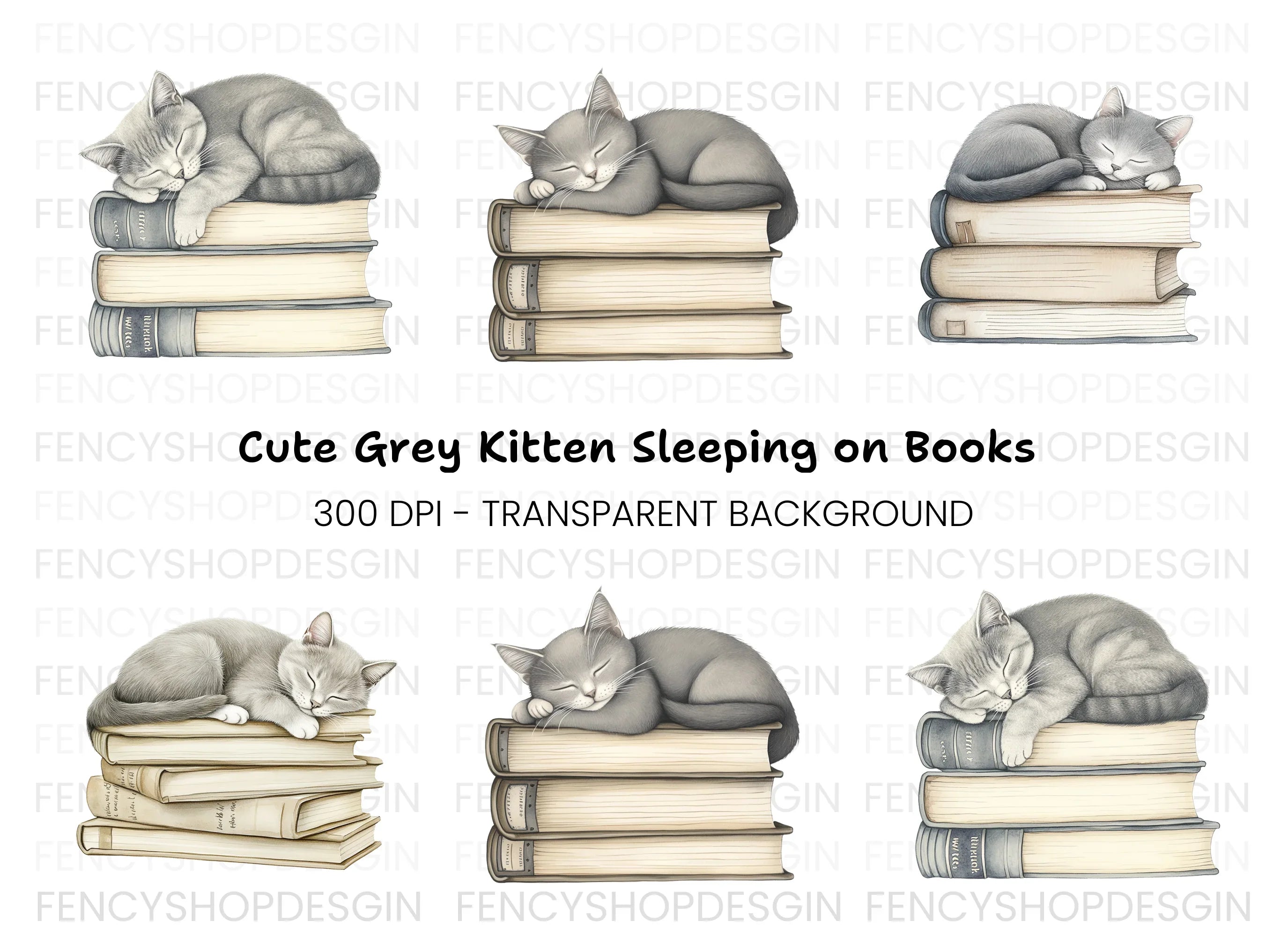 Sleeping Kittens on Books Clipart Bundle