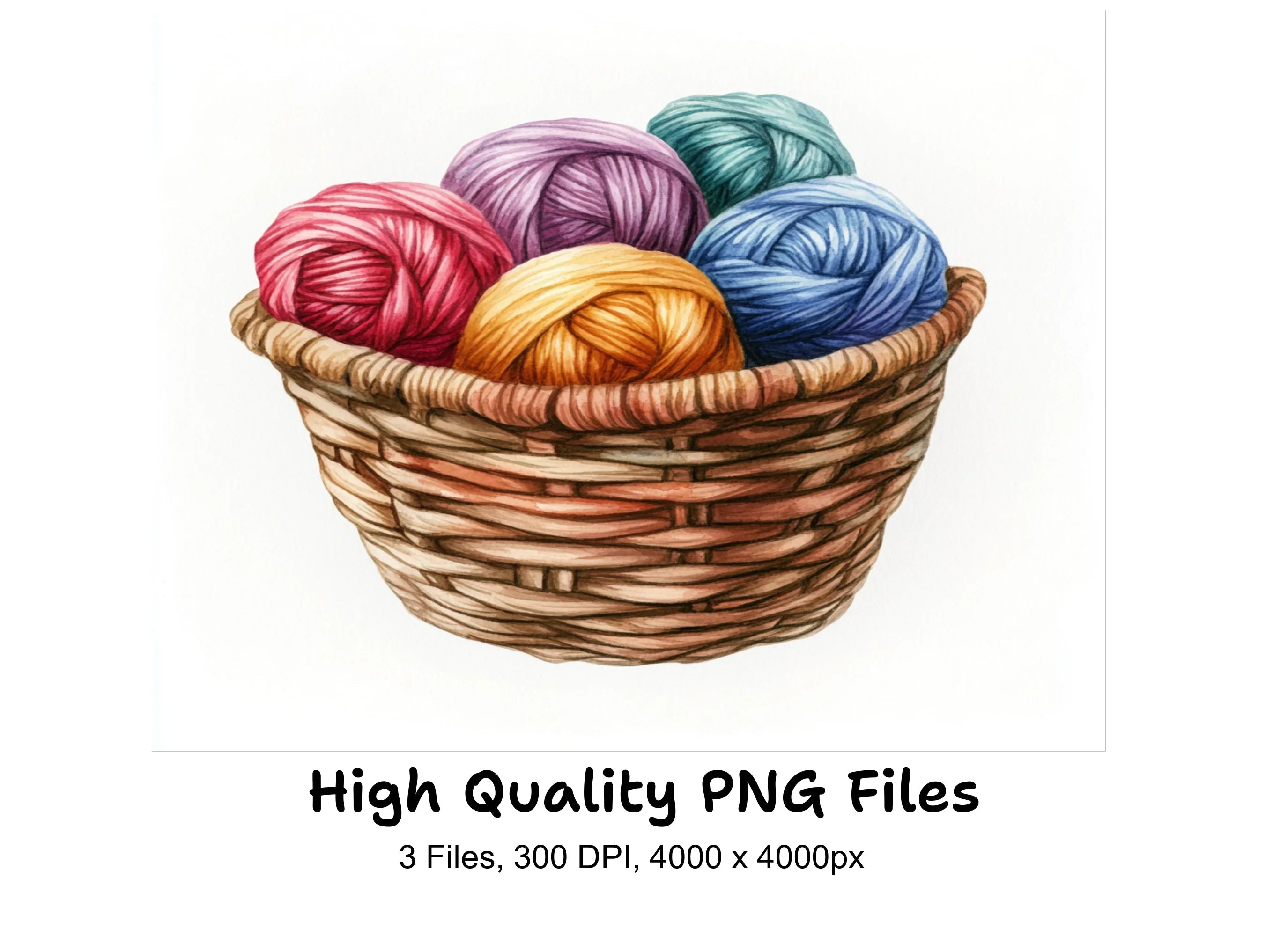 Colorful Yarn Balls in Baskets Clipart Bundle