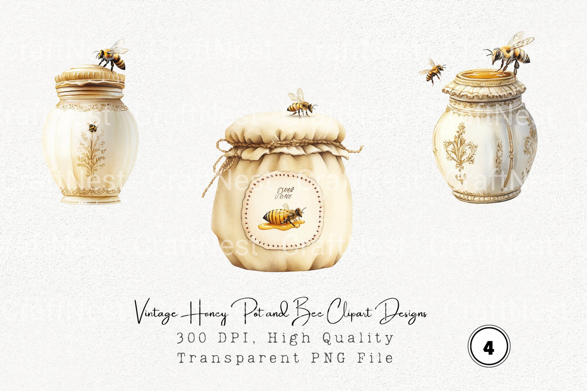 Vintage Honey Pot And Bee Designs Clipart Bundle