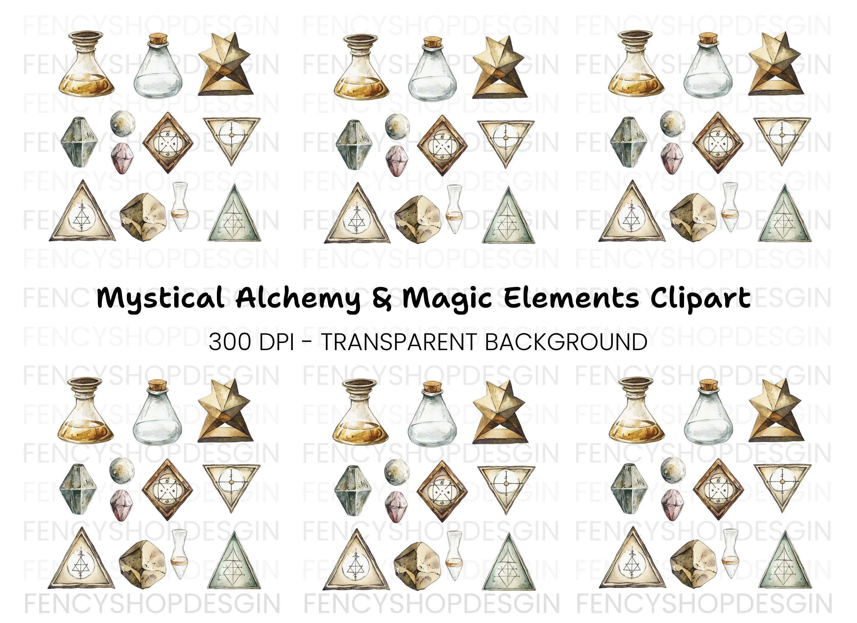 Alchemy Bottles and Geometric Symbols Clipart Bundle