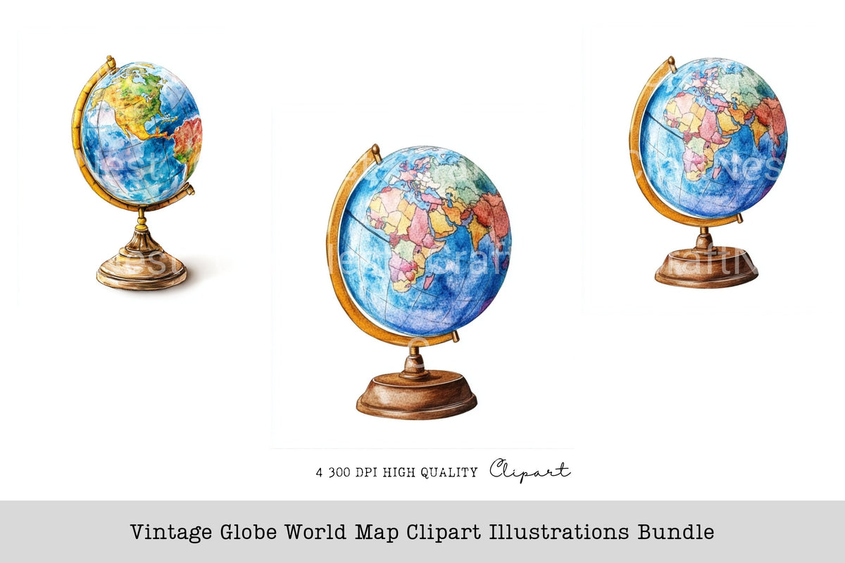 Vintage Globe World Map Illustrations Clipart Bundle