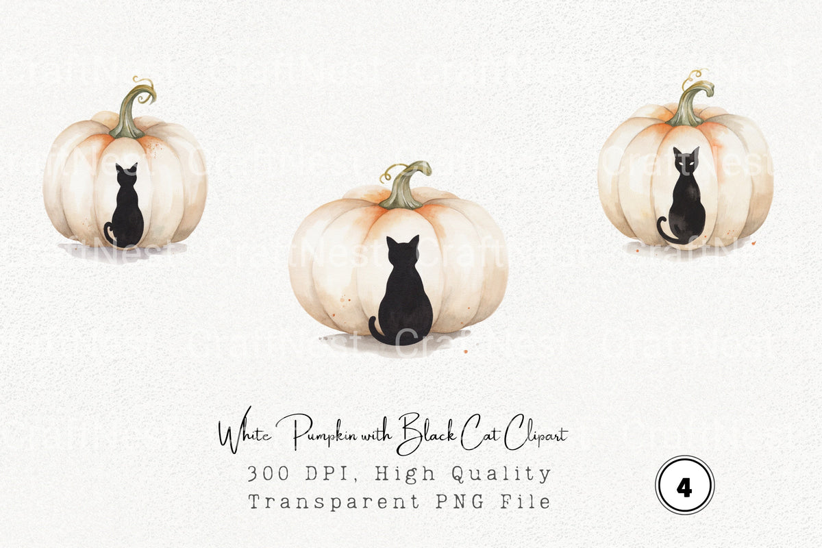 White Pumpkin With Black Cat Clipart Bundle