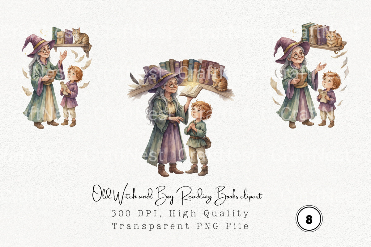 Old Witch And Boy Reading Books Clipart Planner