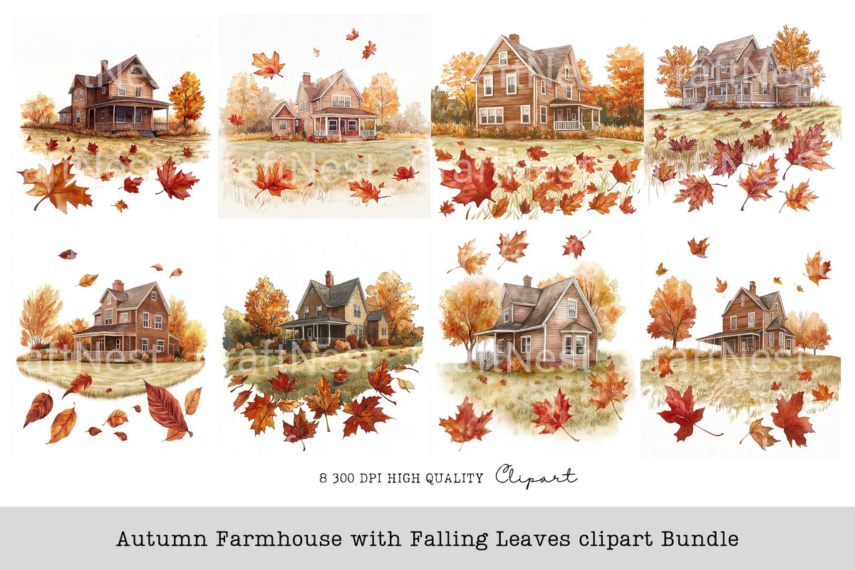 Autumn Farmhouse With Falling Leaves Clipart Bundle