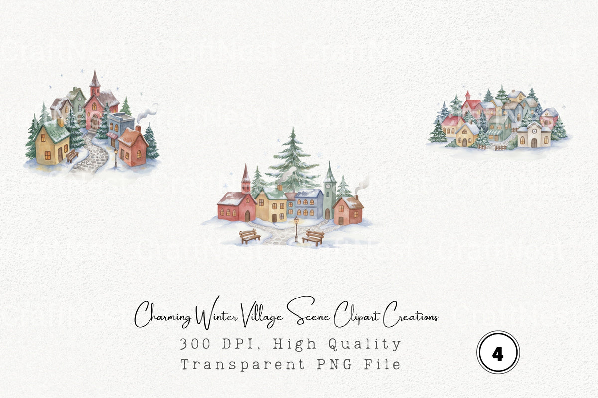 Charming Winter Village Scene Creations Clipart Bundle