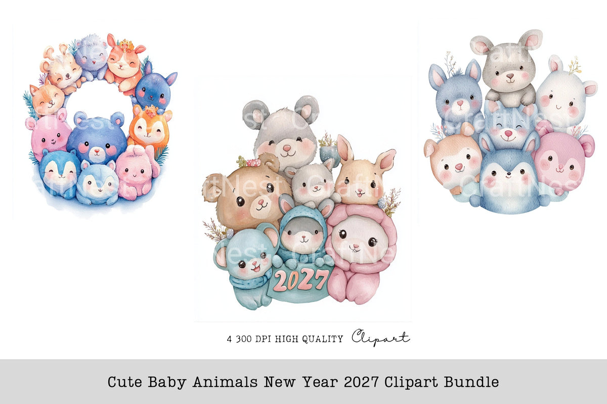 Cute Baby Animals New Year 2027 Clipart Bundle