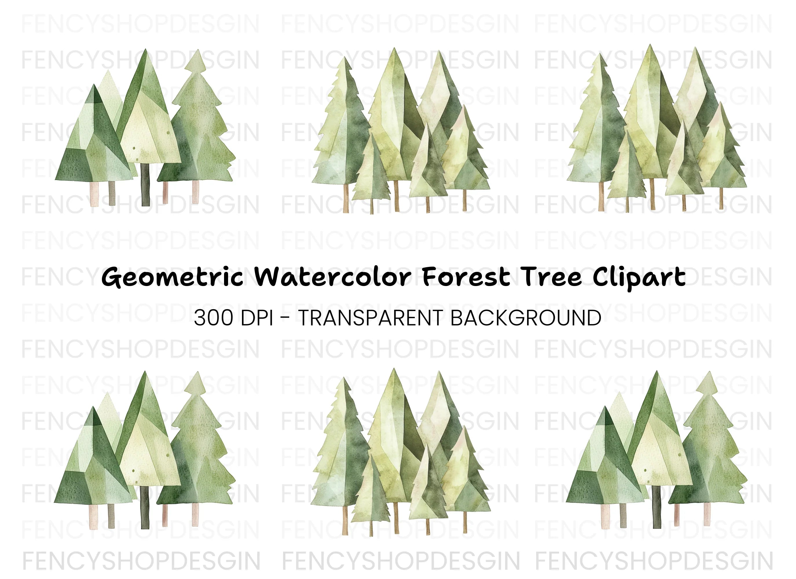 Abstract Green Pine Trees Clipart Bundle