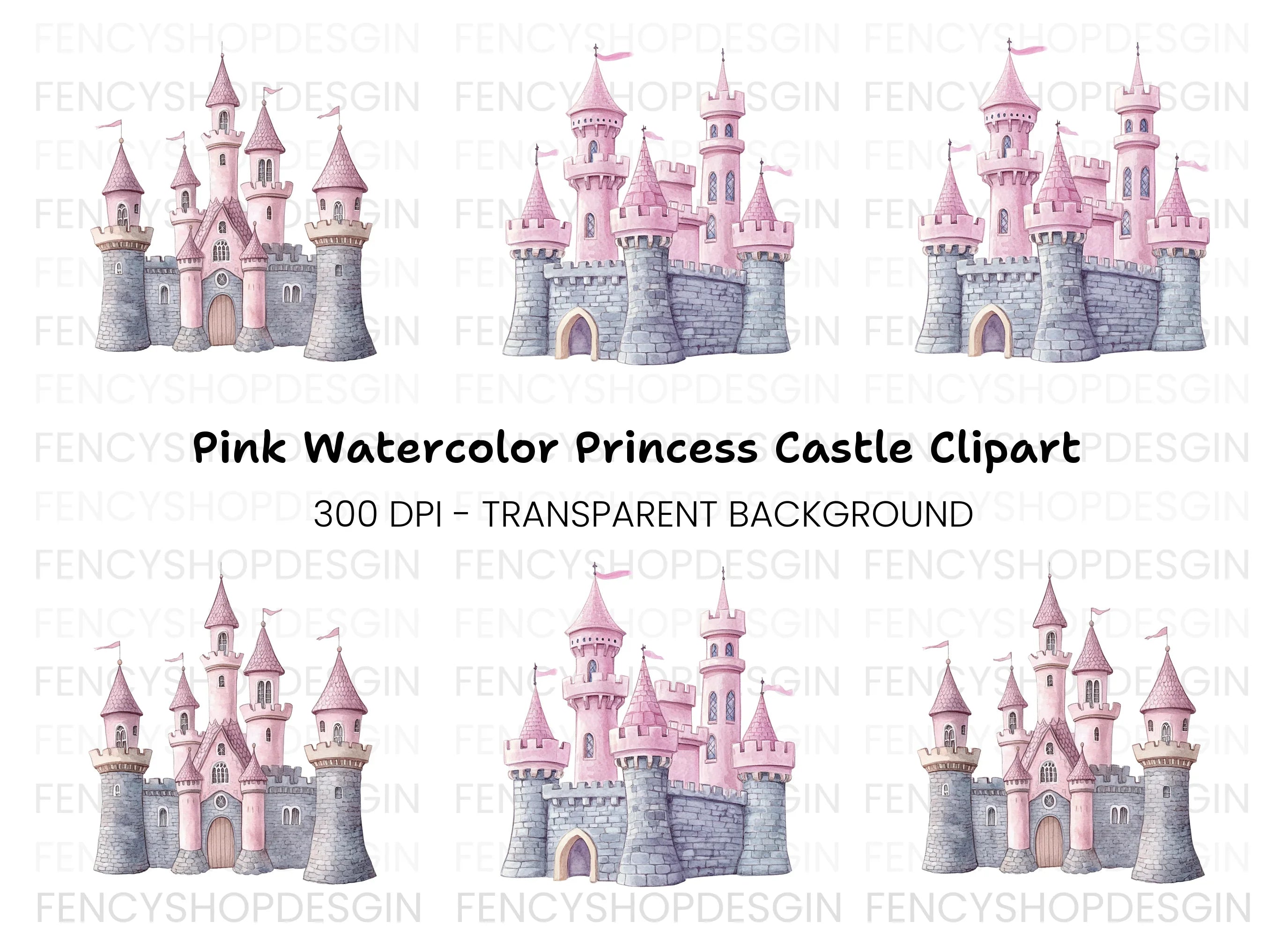 Pink and Gray Fantasy Castle Clipart Bundle