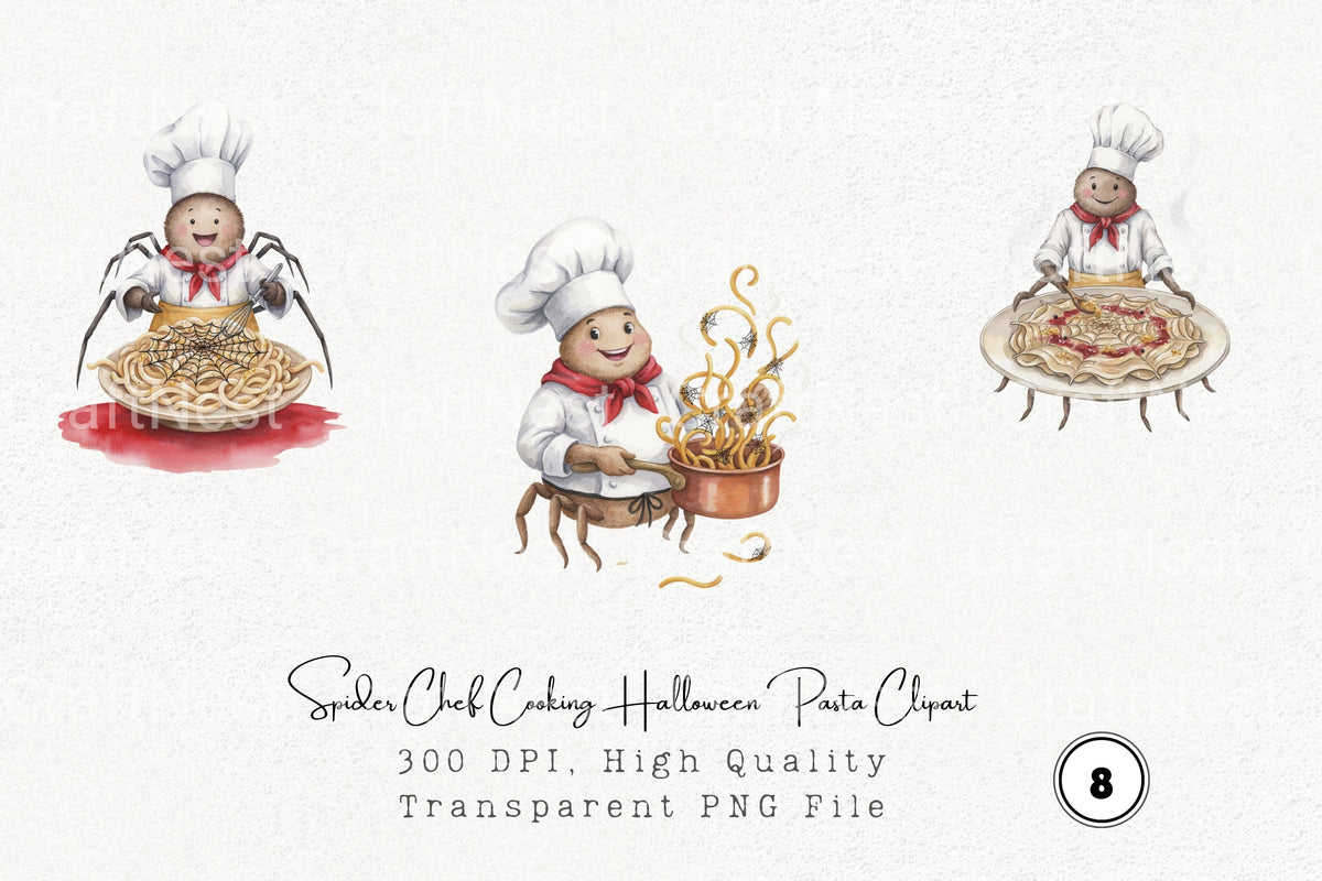 Spider Chef Cooking Halloween Pasta Clipart Bundle