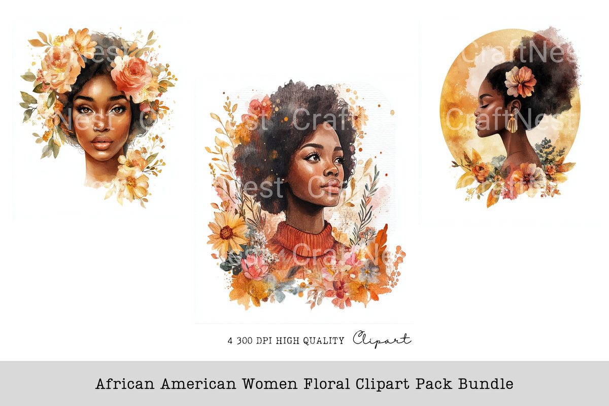 African American Women Floral Clipart Bundle