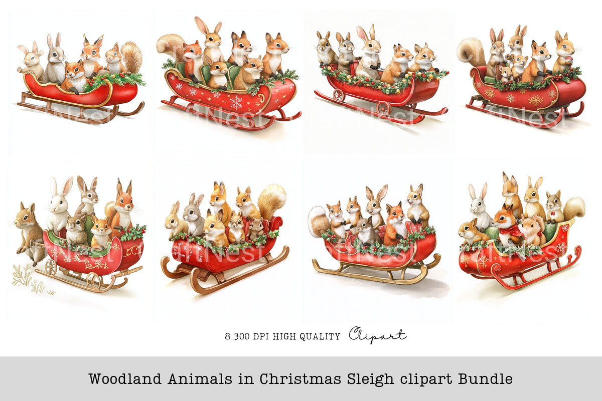 Woodland Animals In Christmas Sleigh Clipart Bundle
