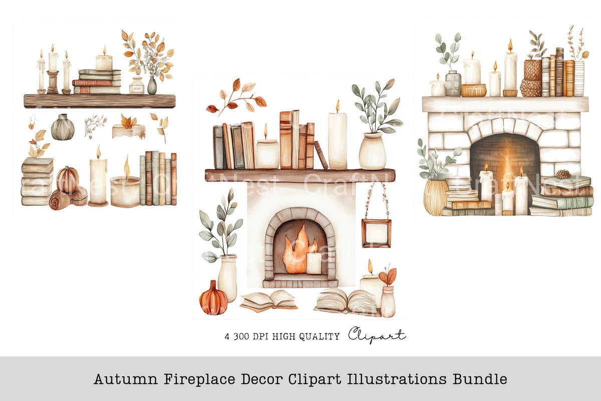 Autumn Fireplace Decor Illustrations Clipart Bundle