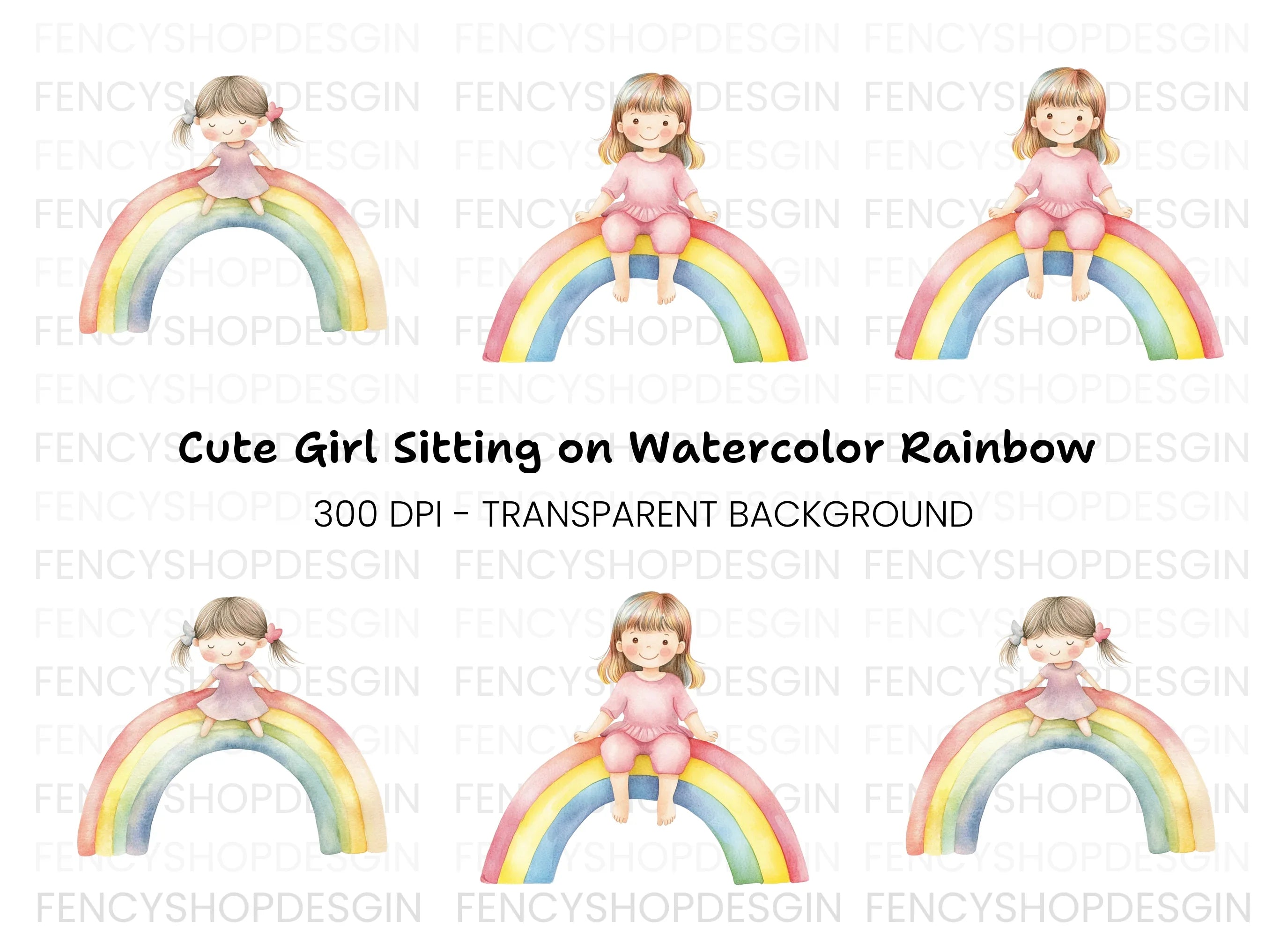 Sweet Girls on Rainbow Clipart Bundle