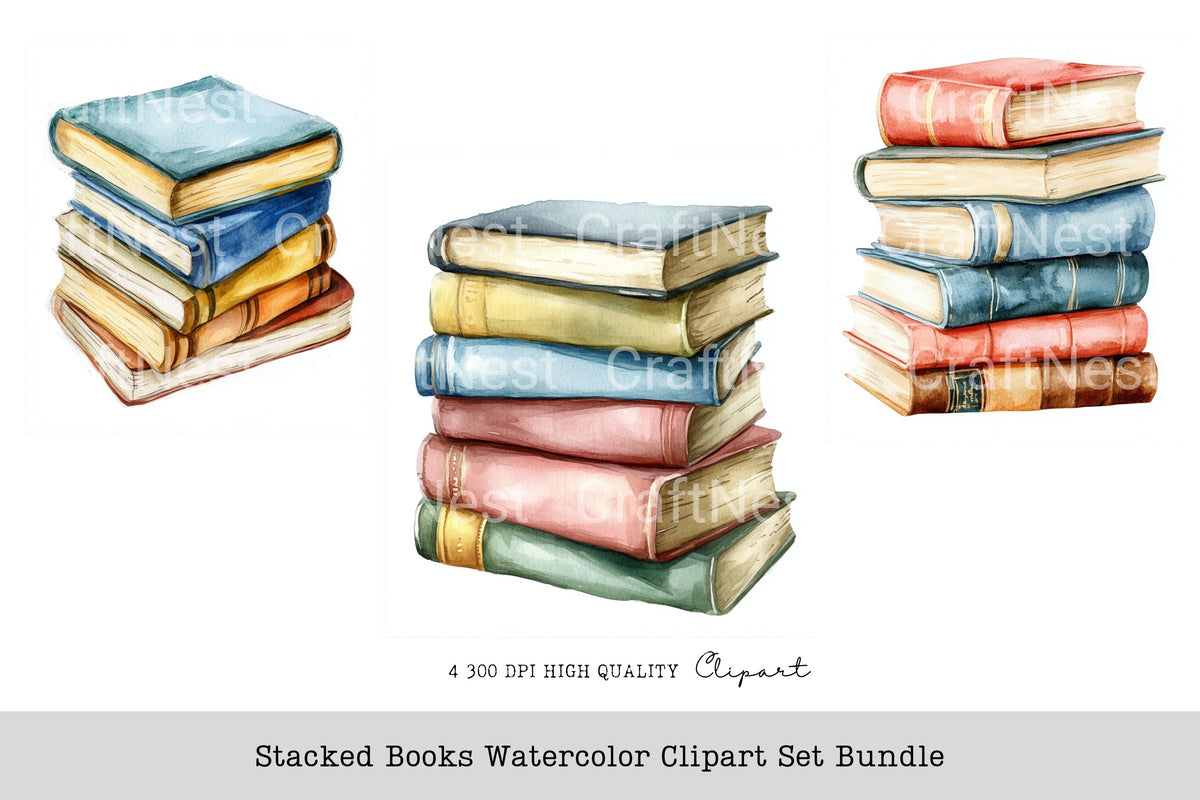 Stacked Books Watercolor Clipart Planner