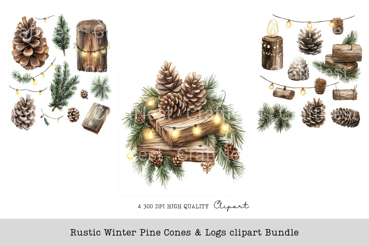 Rustic Winter Pine Cones Logs Clipart Log Book